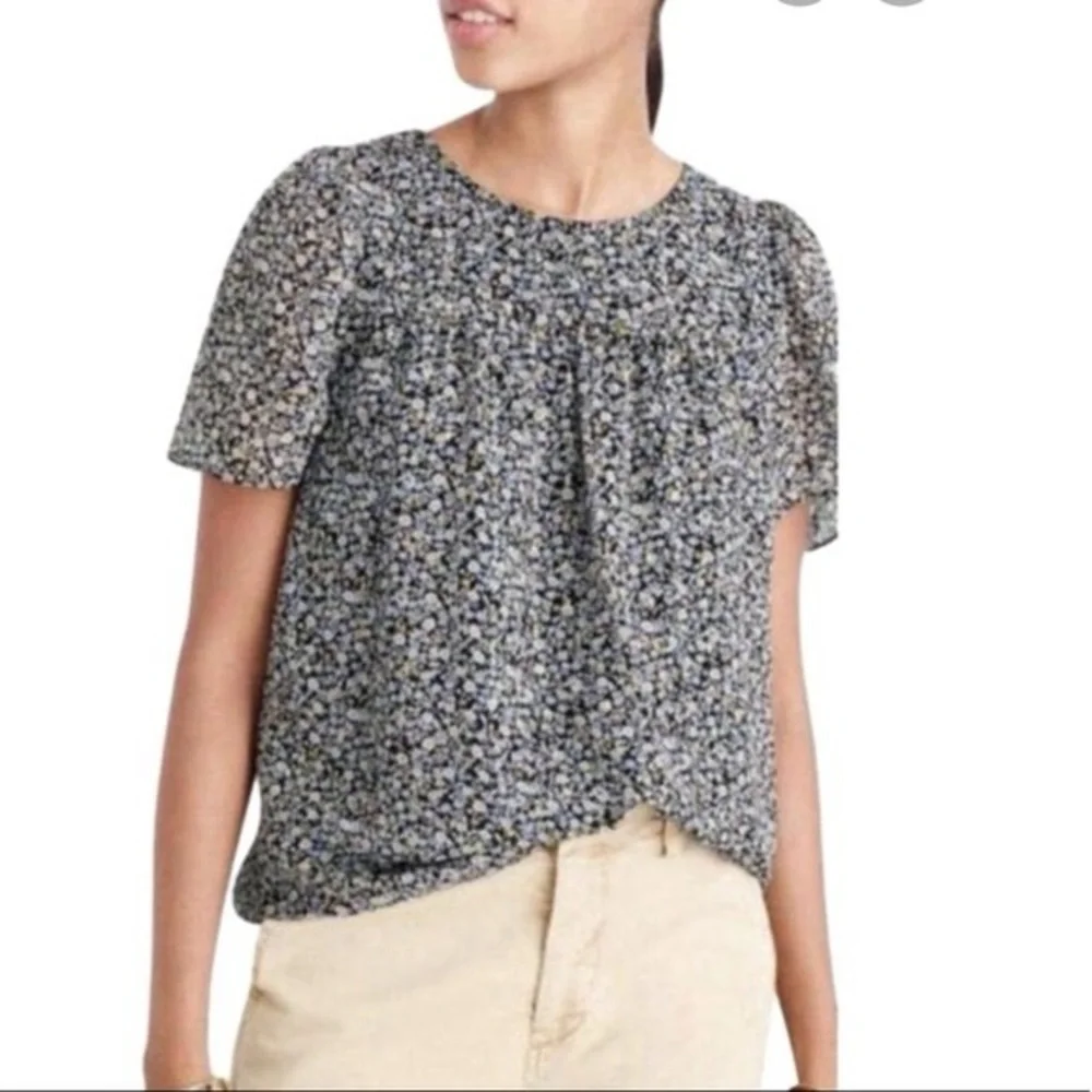 J. CREW Chiffon Silk Gold Metallic Black & White Blouse Floral Top